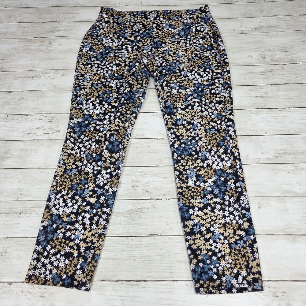 Michael Michael Kors Daisy Floral Pull On Pants Women Large Navy Gold Stretch